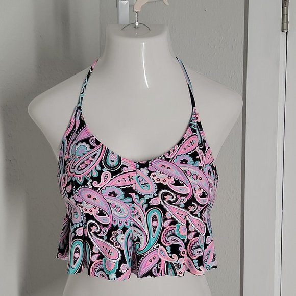 Arizona Halter Swim Top ~ Sz M ~ Black & Pink ~ Paisley - Picture 1 of 5
